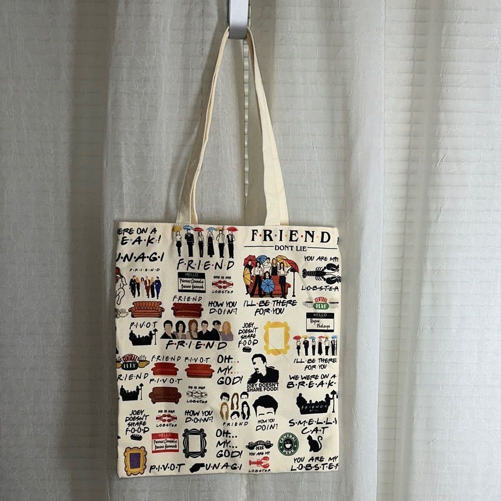 Ivory canvas tote bag collage of graphics & quotes from the TV show Friends